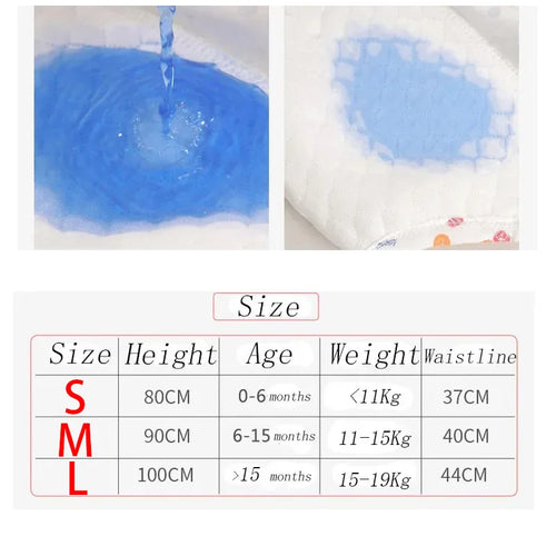 Absorbent baby diaper test with size chart S, M, L for weights up to 19kg. High-performance baby care essential.