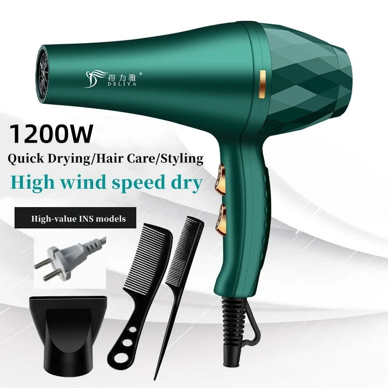 Dark green 1200W professional hair dryer with styling nozzle, combs, and constant temperature for fast drying.
