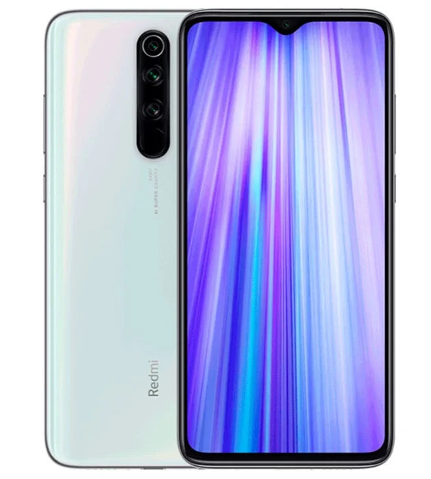 White Xiaomi Redmi Note 8 Pro smartphone, front and back view, showing triple rear AI camera and edge-to-edge display.