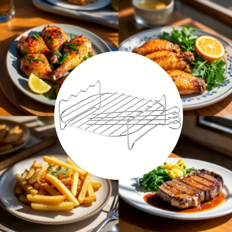 1 PC Air Fryer Rack with 4 Skewers, 1 Set Grill and Steam Rack. Suitable for baking and grilling in small ovens.