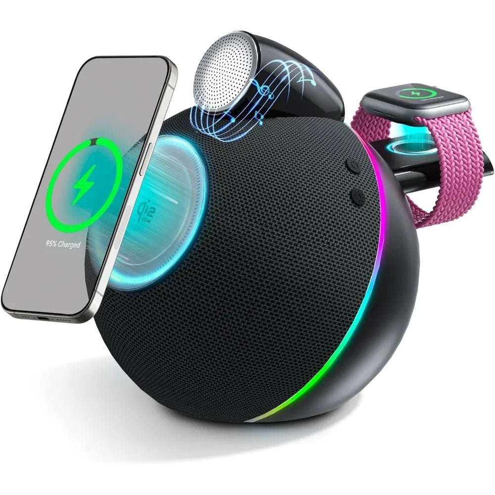 Bluetooth 5.3 Hi-Fi Speakers & Soft Ambient Lights 4-in-1 Qi2.2 25W Magnetic Wireless Charger for iPhone Apple Watch Airpods Pro
