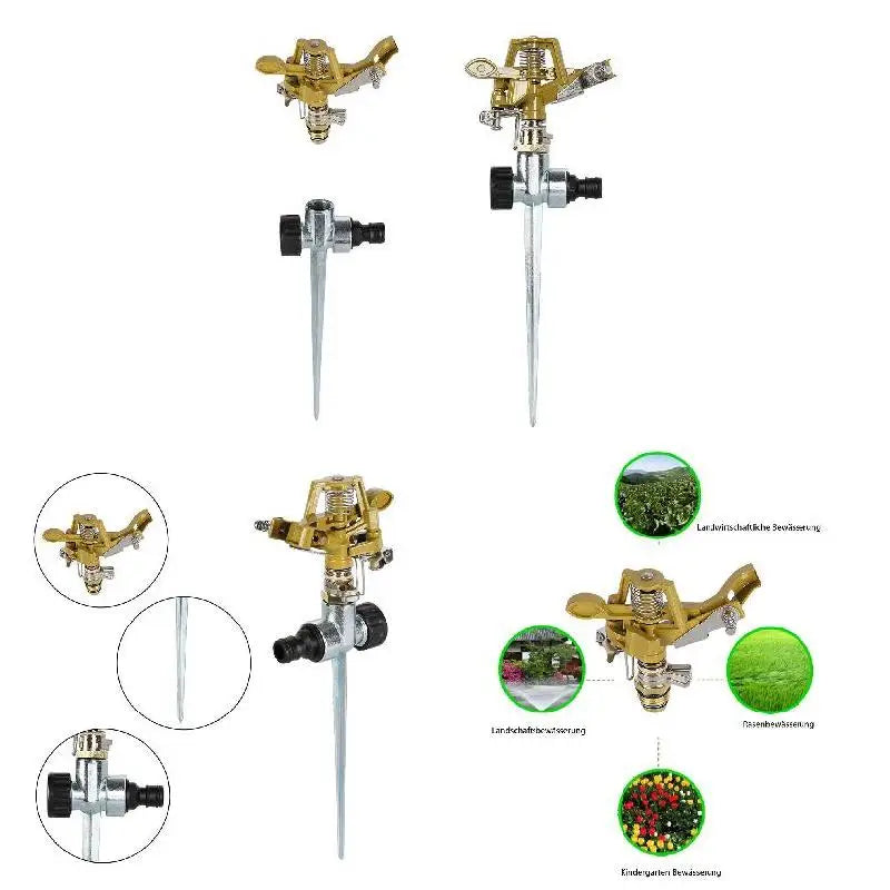 Garden sprinkler set with spray coverage circles and close-up detail views on white