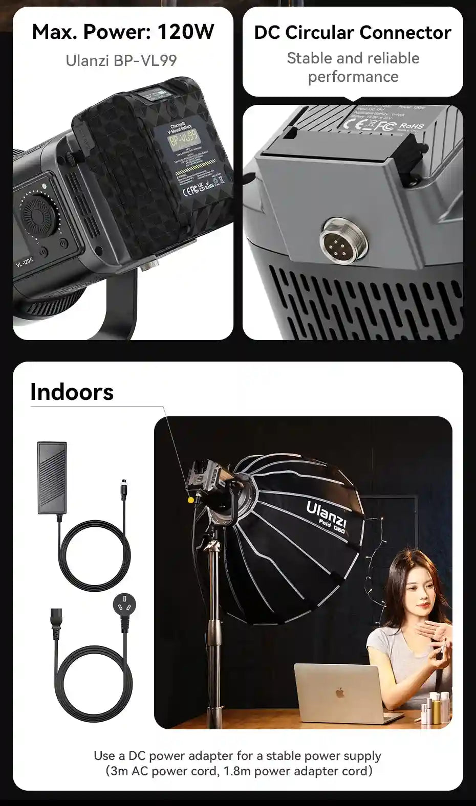 V-mount battery and DC power adapter for studio lighting equipment, featuring a circular connector and power cables.