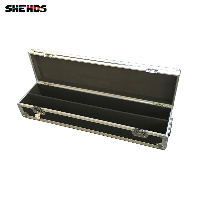 Black LED bar moving head light flight case with hinged lid open