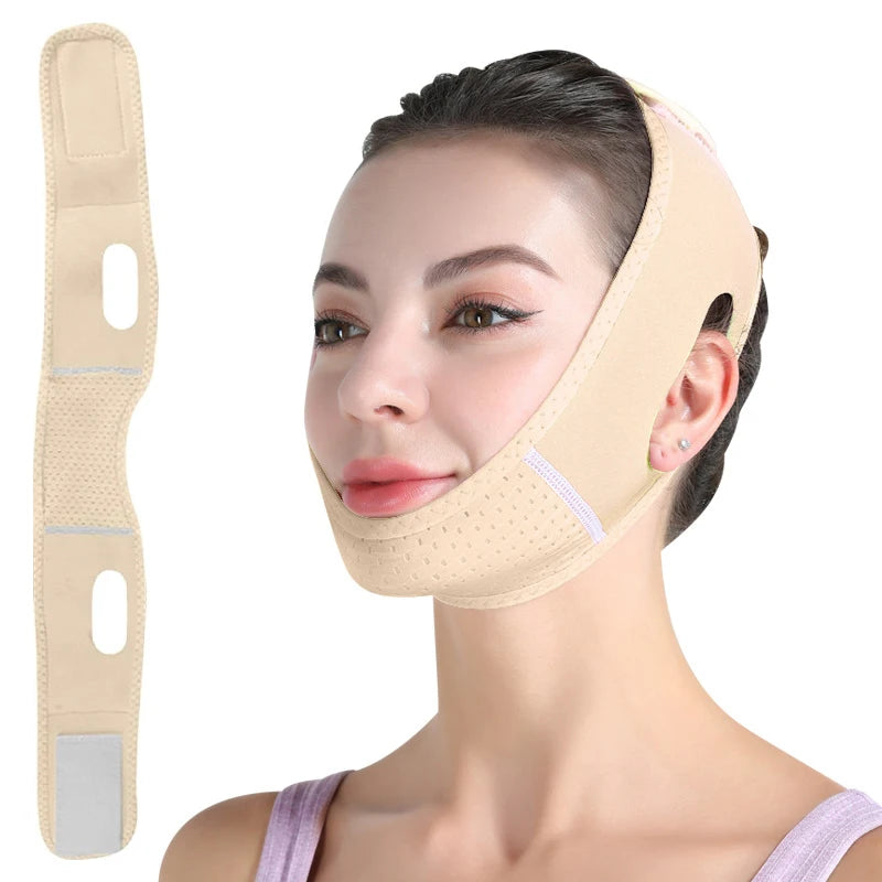 A beige, perforated neoprene V-line face slimming strap worn by a woman, with a separate view of the belt.