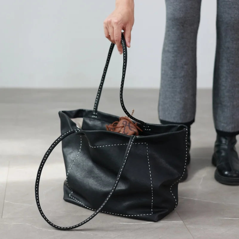 Women Large Capacity Genuine Leather Tote Soft Shoulder Bag