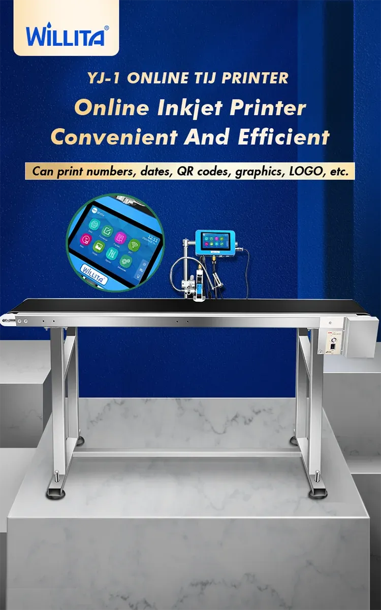 Online TIJ inkjet printer on conveyor with blue touchscreen and print module