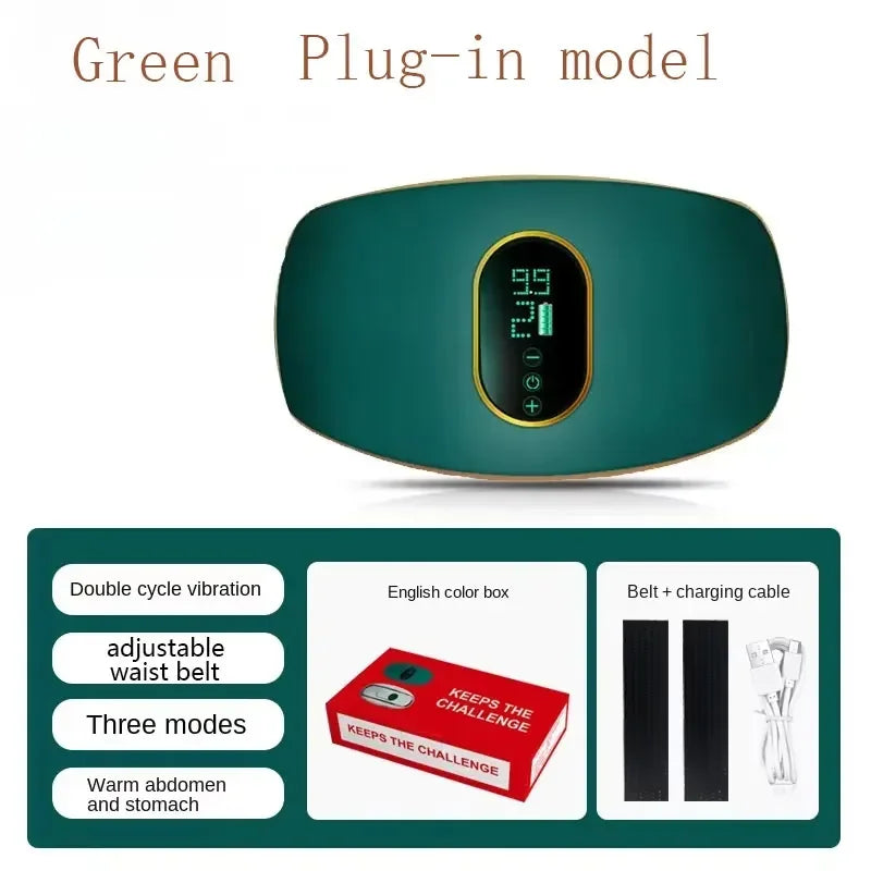 Green, oval electric body massager with digital display, adjustable belt, charging cable, and red packaging box.