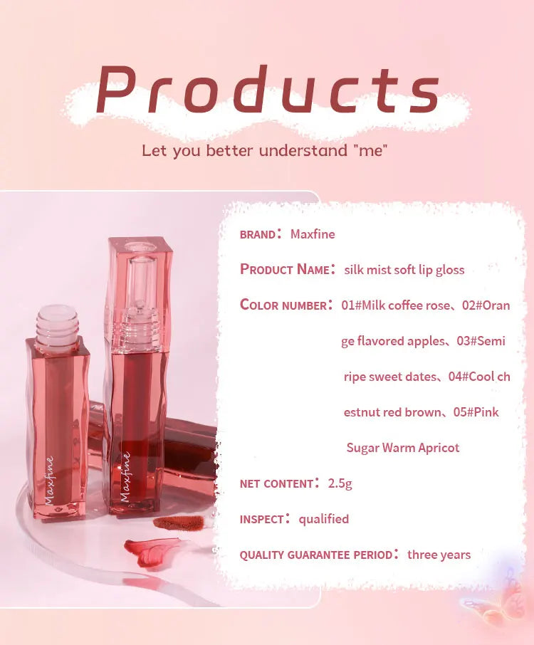 Maxfine silk mist liquid lipstick: highly pigmented, moisturizing, waterproof, long-wearing lip glaze in rose and red.
