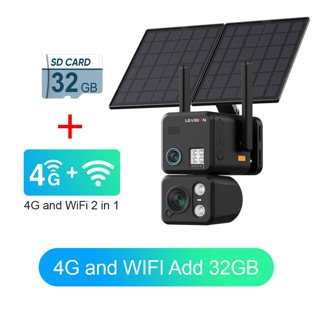 LS VISION 24/7 Recording 4g Sim &Wifi Security Camera Outdoor AOV 20 Watt Solar Panel Cctv AI Detection Cam For Villas Estates