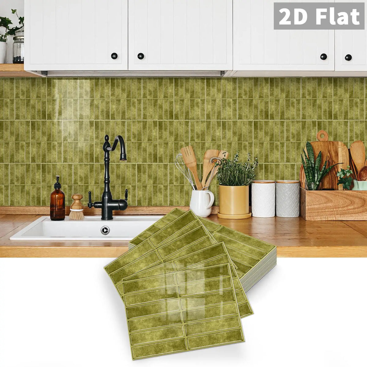 Peel-and-stick tile decal sheets, muted olive green square tile grid pattern, flat 2D