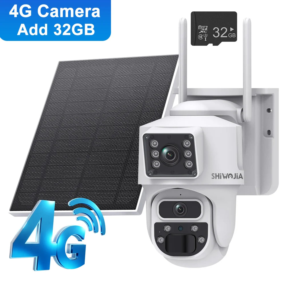 White outdoor solar PTZ security camera showing dual-lens front and two solar panels