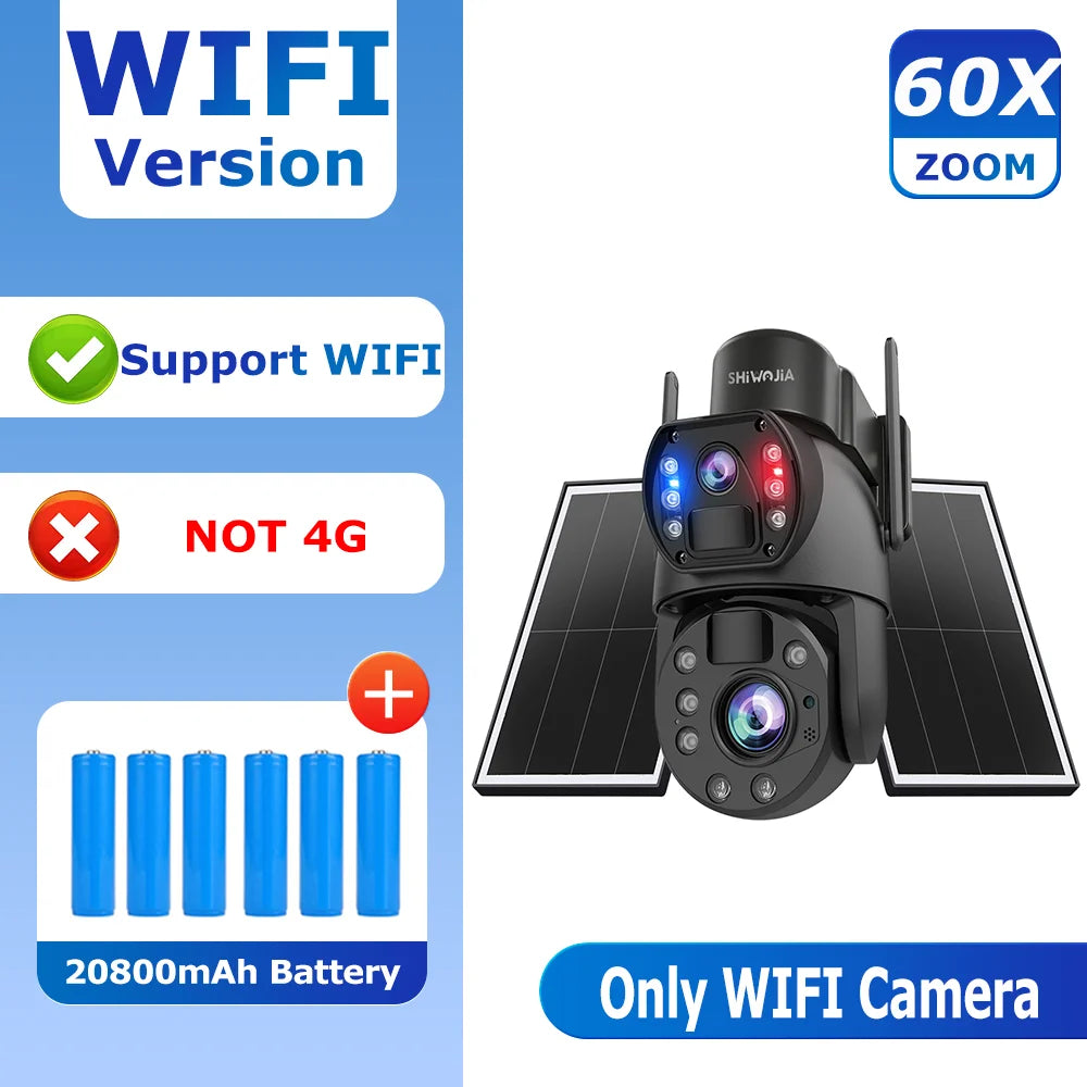 Outdoor solar security camera with dual lenses, 60x zoom, Only WiFi version, solar panels.