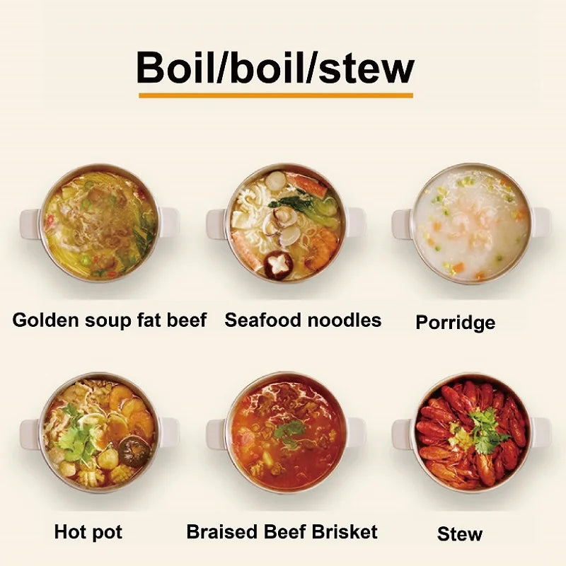 Stainless electric hot pot shown with multiple prepared dishes in different styles