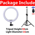 16cm white LED ring light with a 50cm black metal tripod stand and a wireless remote shutter for photography.