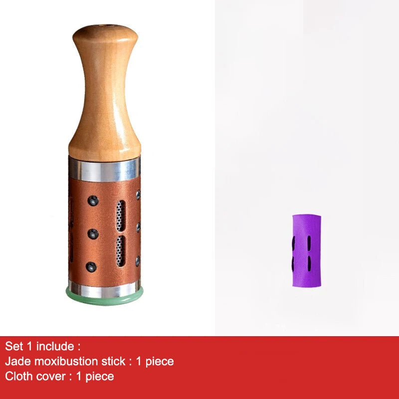 Moxibustion therapy tool with a wooden handle, copper-colored metal cage, jade base, and a separate purple cloth cover.