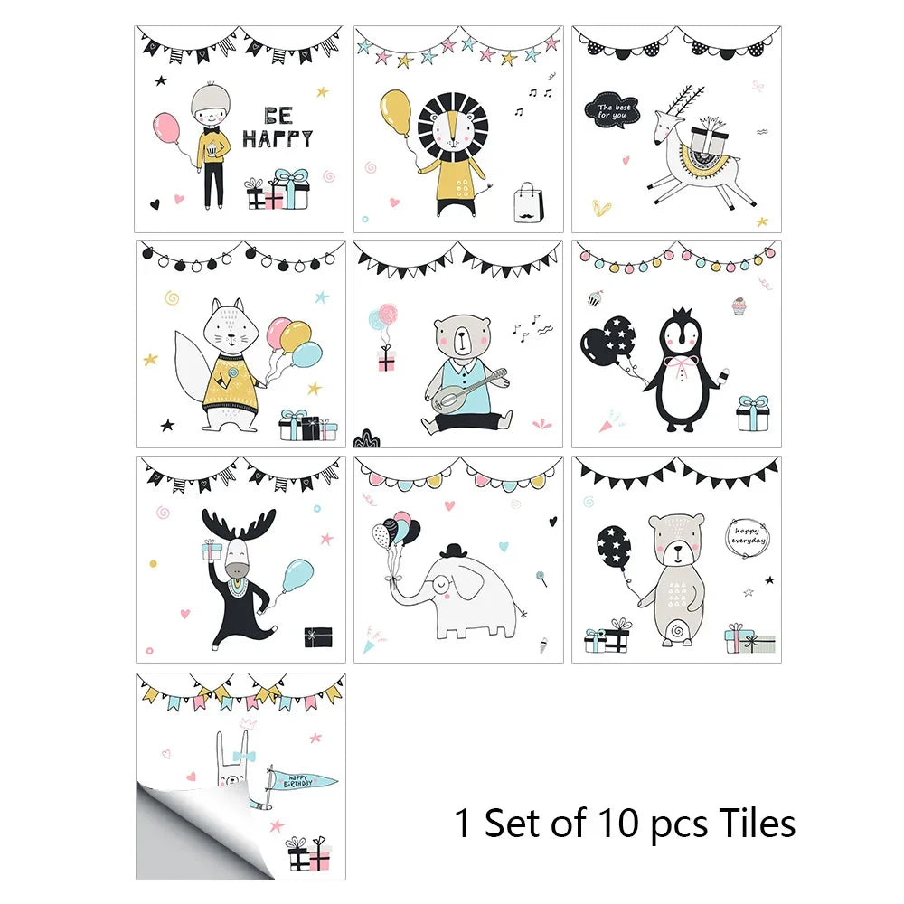 Cute animal party tile stickers, 10-piece set with penguins, gifts, and balloons