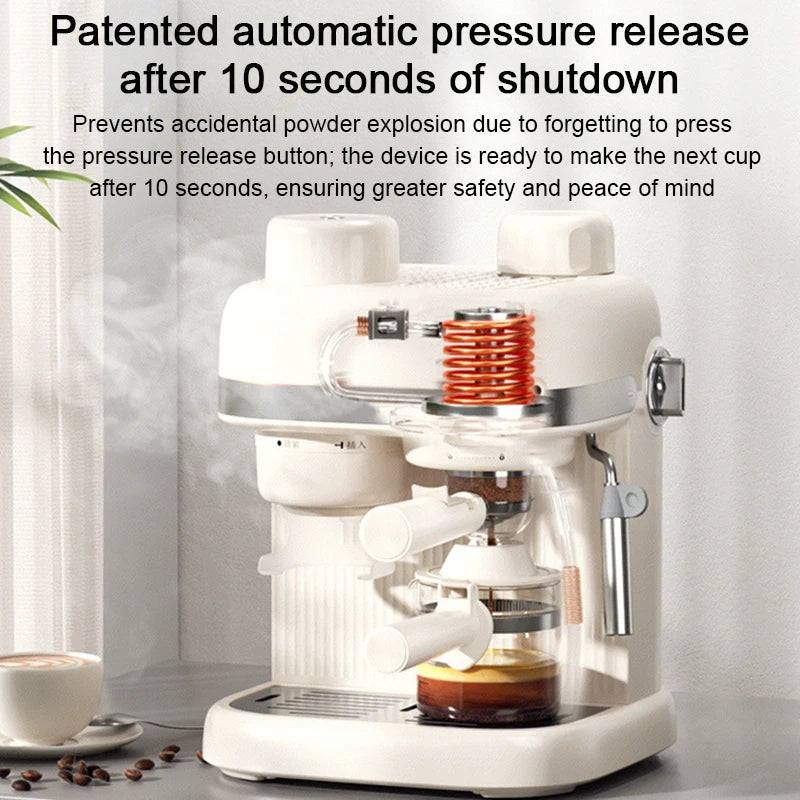 White espresso coffee machine with visible internal heating coil and automatic pressure release system.