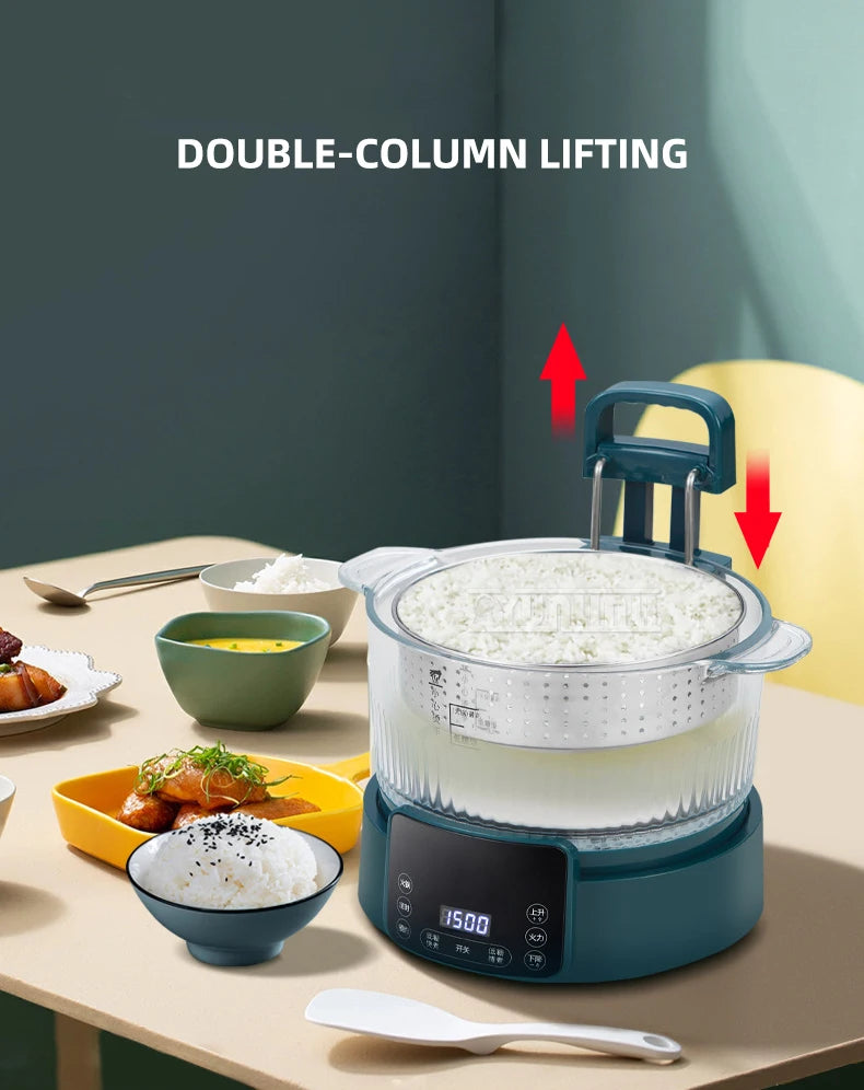Blue electric rice cooker with double-column lifting handle and steaming tray over base