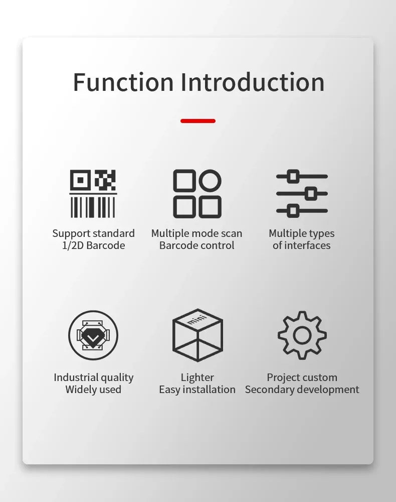Function introduction instruction card with barcode and interface icons