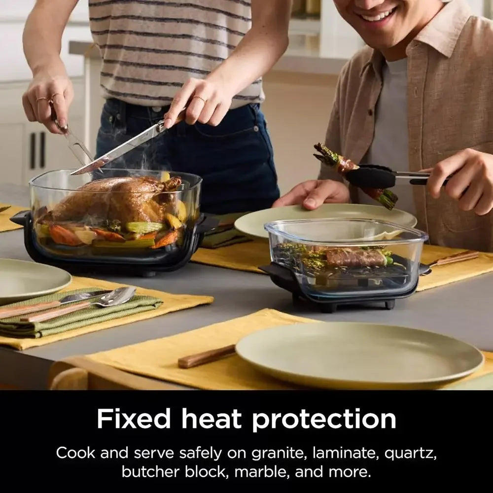 5-in-1 Portable Glass Air Fryer Cooking System, 1500W, 6-Cup, 4-Quart & 2.5-Quart Containers, Microwave, Freezer, Dishwasher Saf
