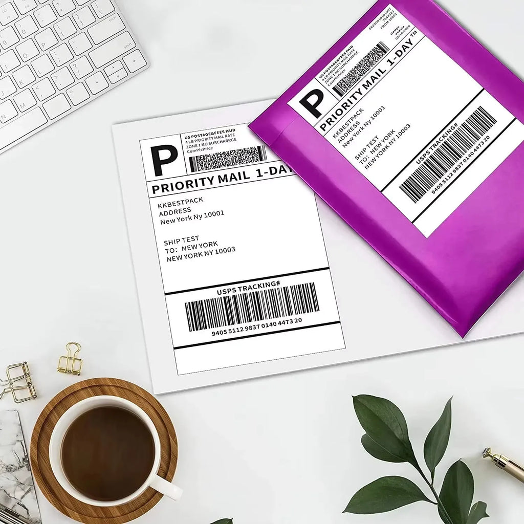 4x6 thermal shipping label on card mailer with barcode and priority mail text