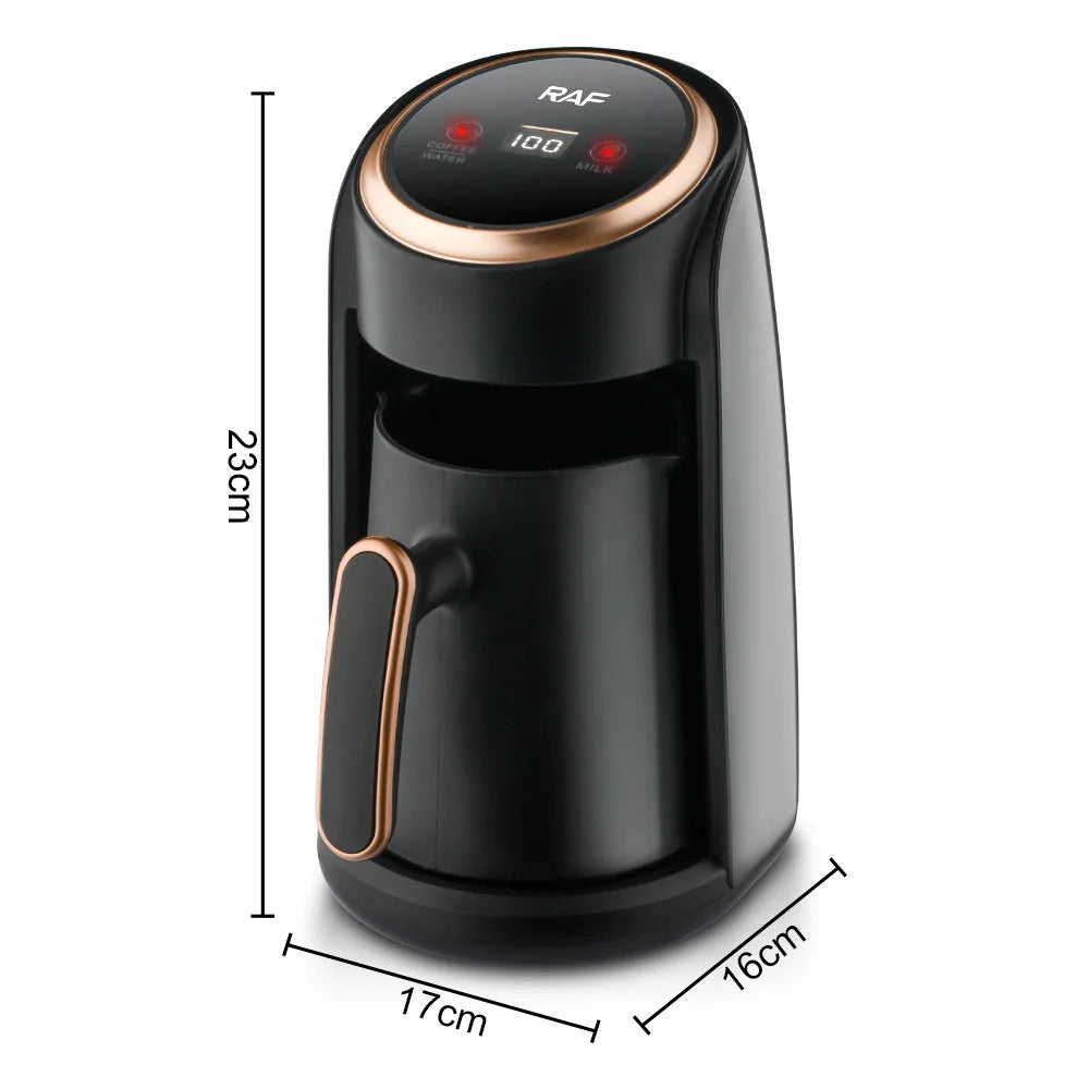 RAF black and rose gold electric coffee maker with digital touch display, 23cm height, sleek compact design.