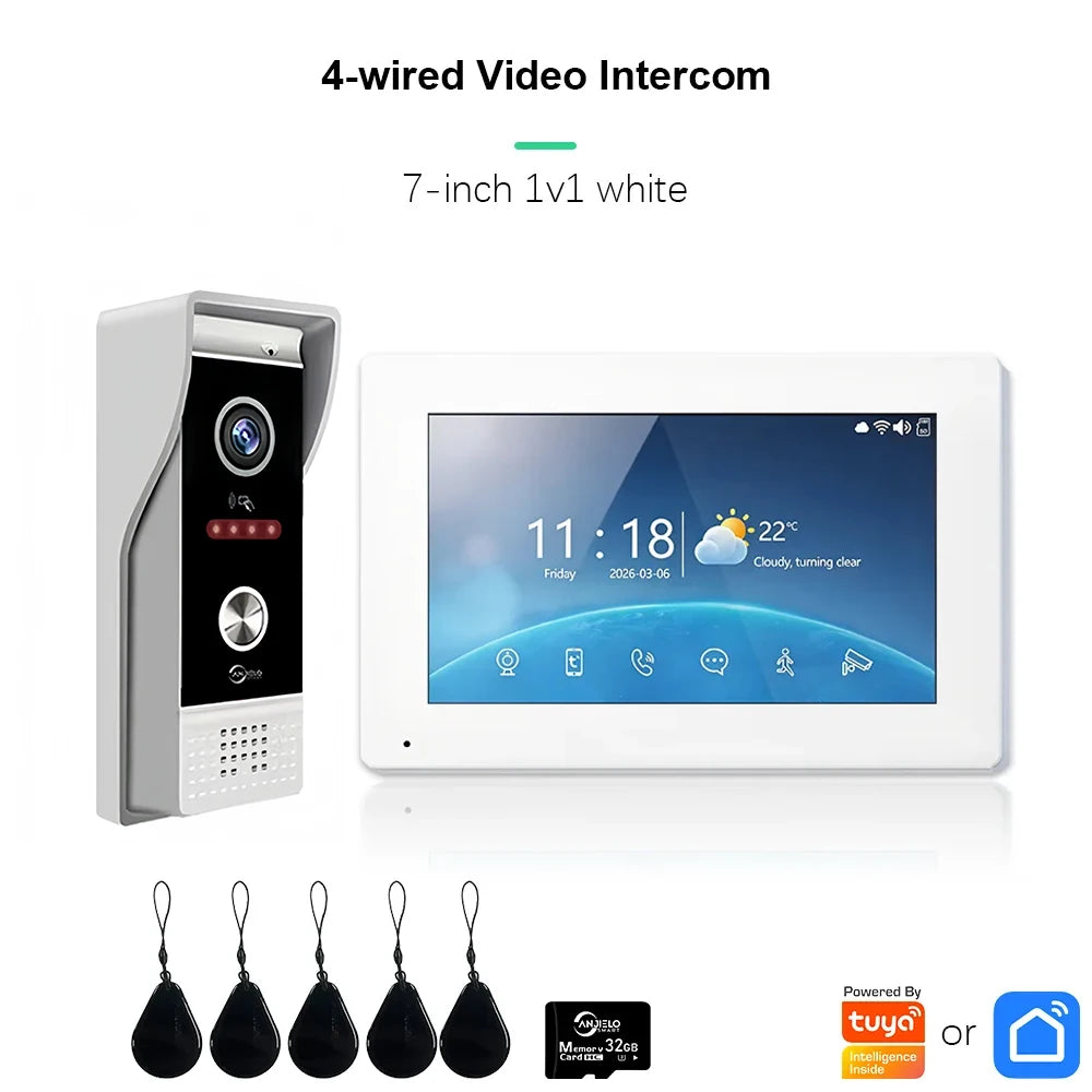 4-wired video intercom with 7-inch monitor, white indoor unit, single door station