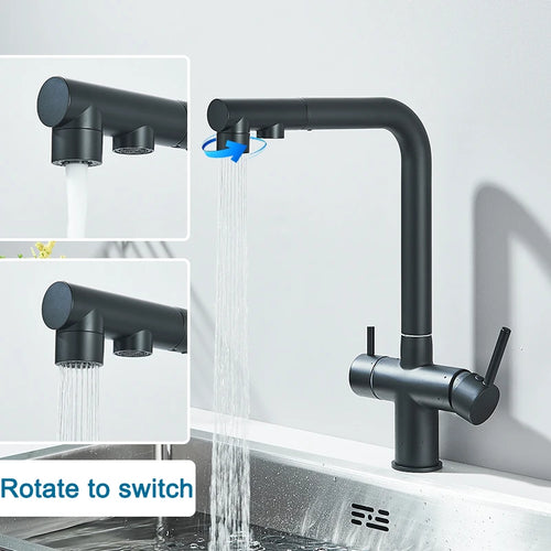 Black 2-in-1 kitchen faucet with pull-down spout and rotating switch handle