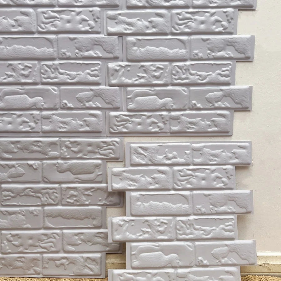 Peel-and-stick white embossed brick backsplash tiles, raised texture on strips