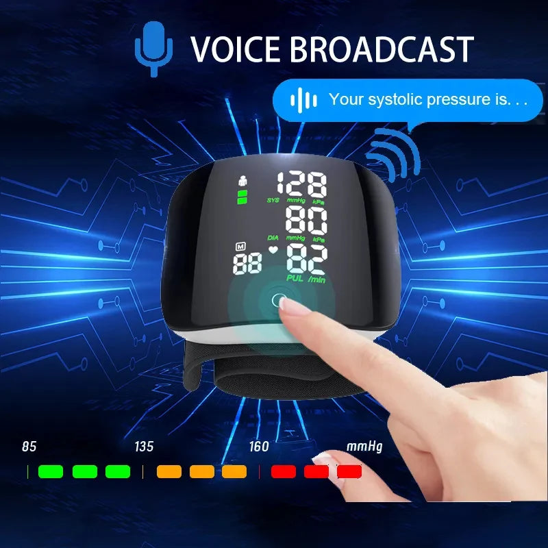Recharge Digital Wrist Blood Pressure Monitor English Voice Sphygmomanometer Heart Rate Pulse Meter Medical Tonometer USB