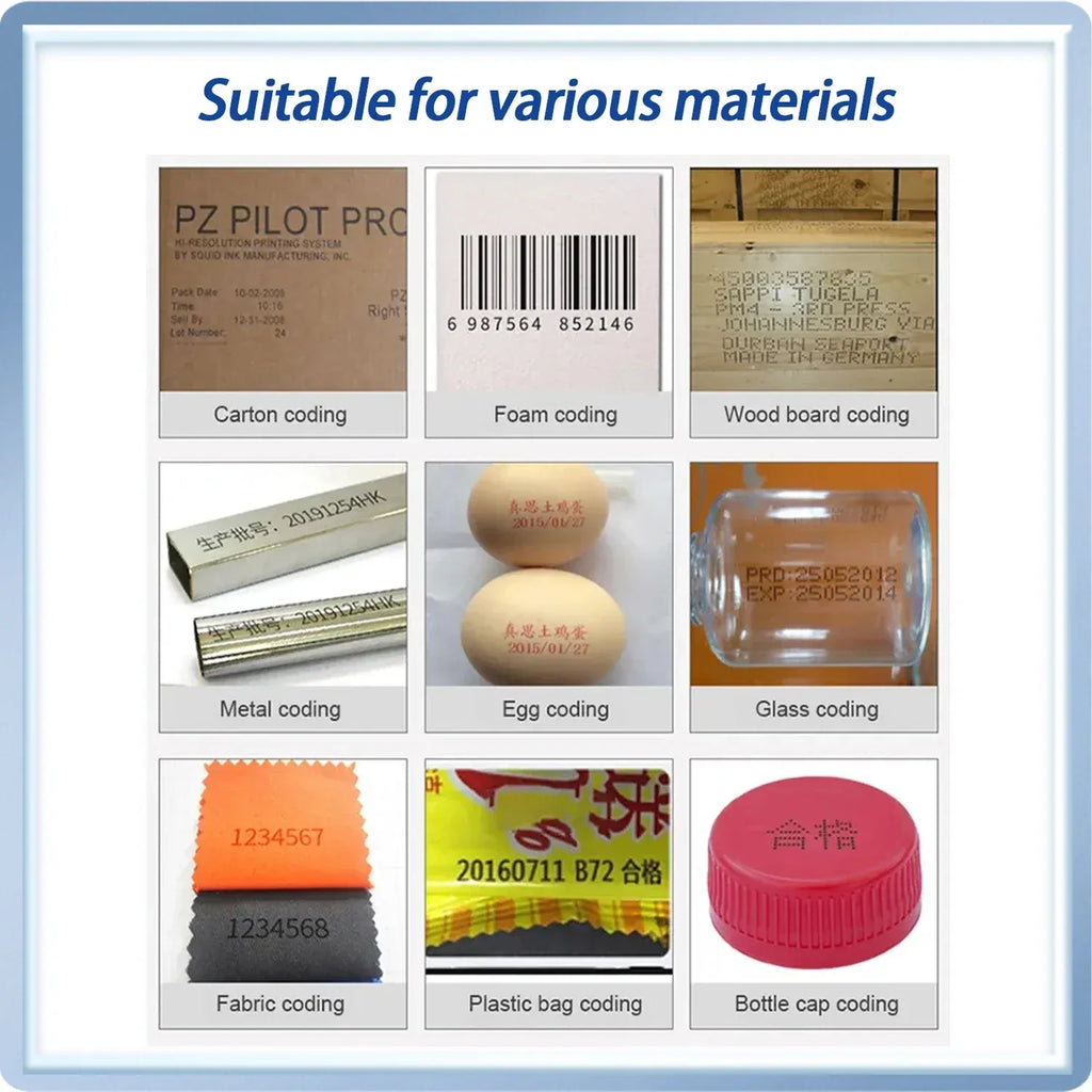 Materials coding compatibility chart for thermal inkjet printing on cartons, foam, metal, glass
