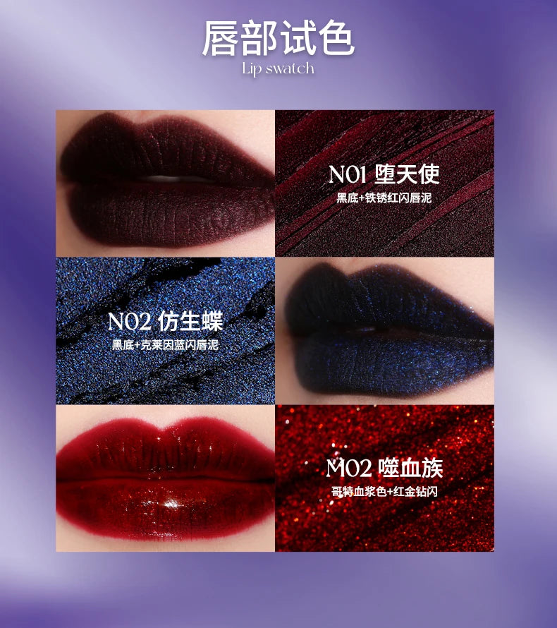 DE'LANCI shimmer lip mud swatches: gothic dark blue, red, and smoky metallic lipstick textures on lips.