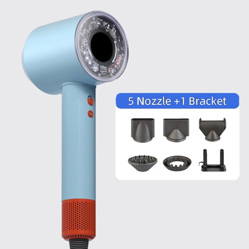 Blue negative ion hair dryer with LED display, 5 styling nozzles, and stand for professional quick-dry hair care.