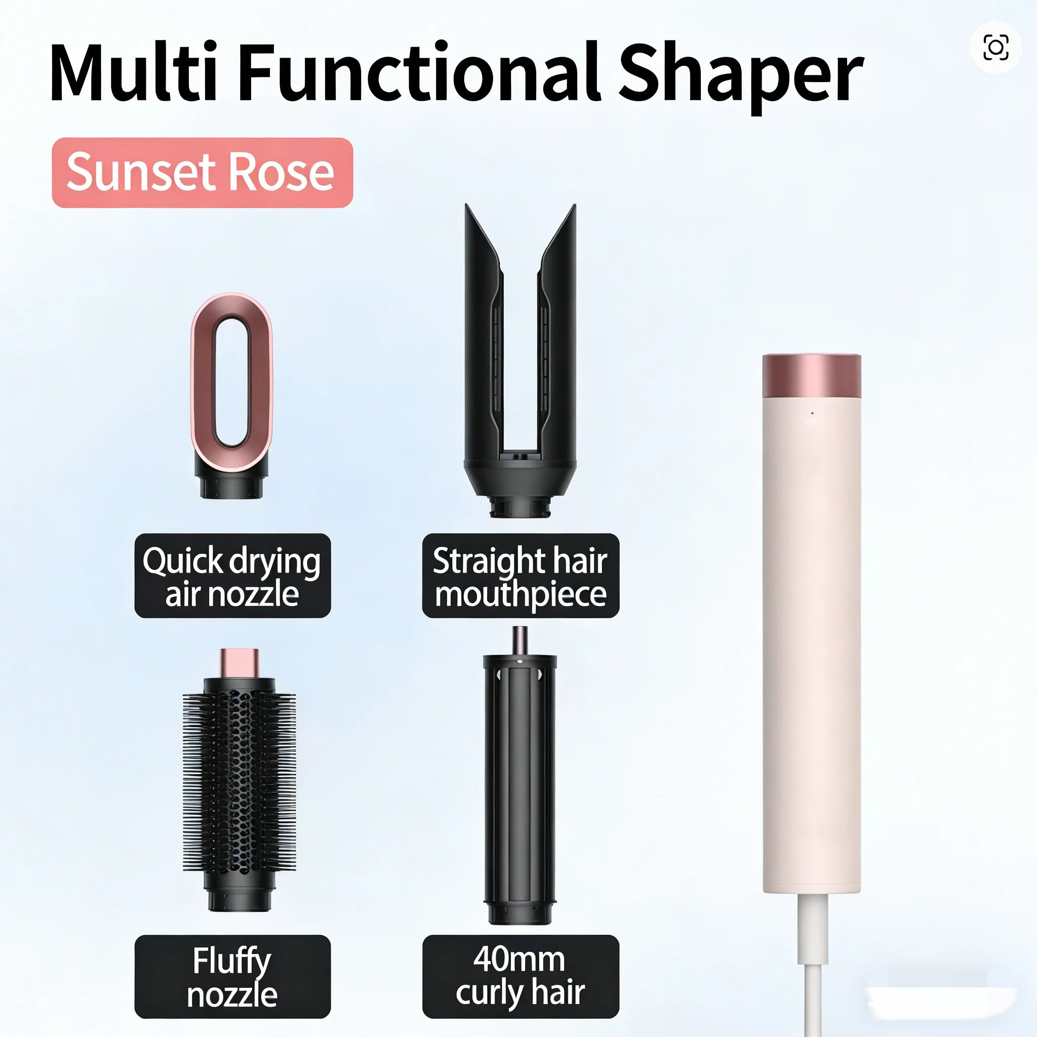 SenCiciMen 6-in-1 sunset rose hair styler set with air dryer, curling barrels, and brush attachments for salon styling.