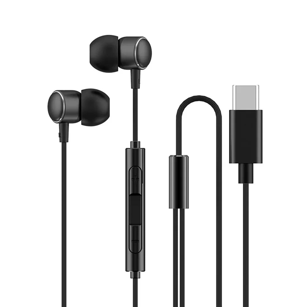 USB-C HiFi Wired Earbuds with Mic - Tidesmit Universal Audio Type-C Black Tidesmit
