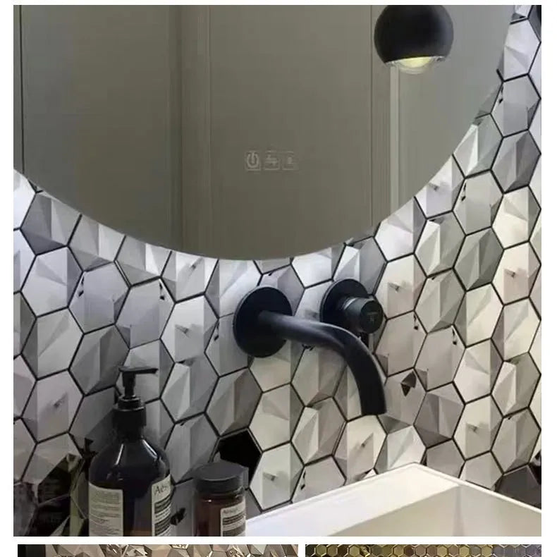 Hexagon Self-Adhesive Metal Mosaic Tiles, 3D Stainless Steel Look Aluminum Plastic Panel, Peel and Stick for Living Dining