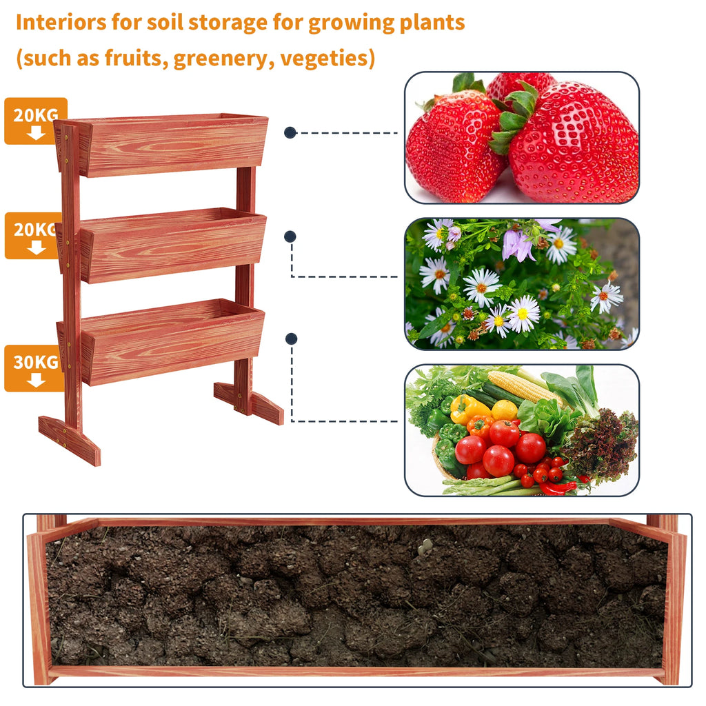 4-tier raised wooden planter box, reddish brown, soil-filled growing troughs