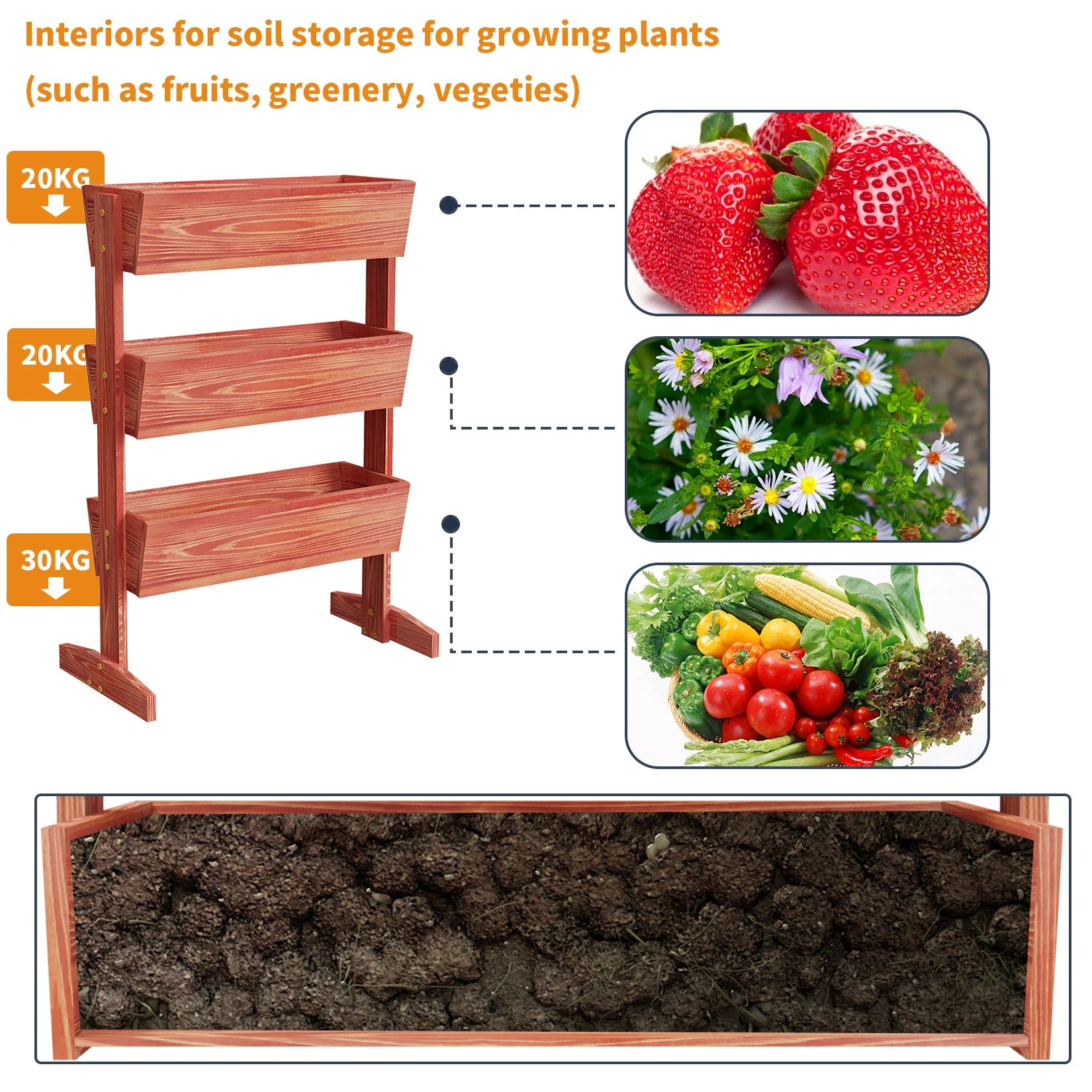 4-tier raised wooden planter box, reddish brown, soil-filled growing troughs