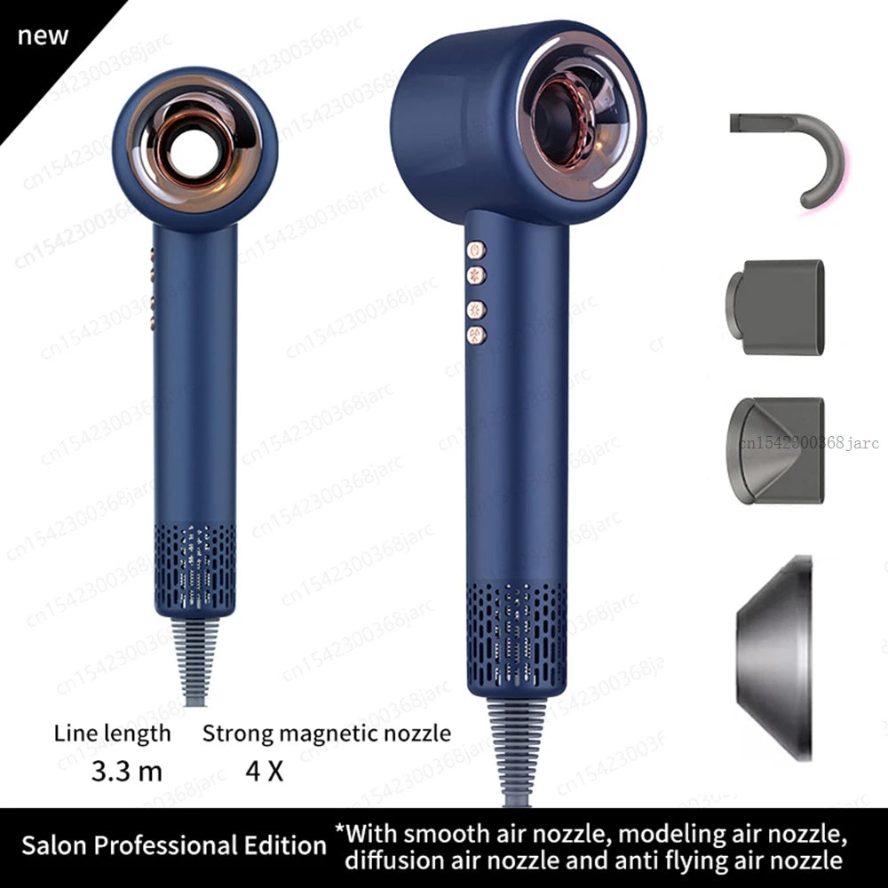 Blue professional leafless hair dryer with 4 magnetic nozzles, constant temperature, and ion care for salon results.