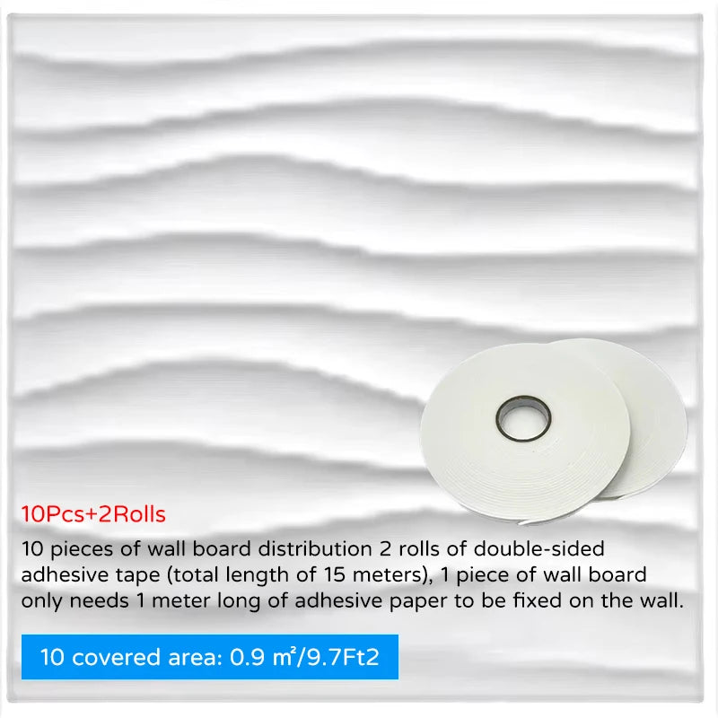 3D wall panel stickers with wavy relief, white finish, includes adhesive tape rolls