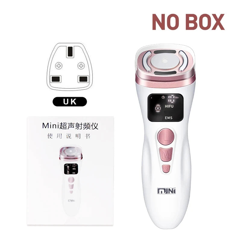 White and rose gold handheld HIFU and EMS beauty device with a digital display, UK power plug, and instruction manual.