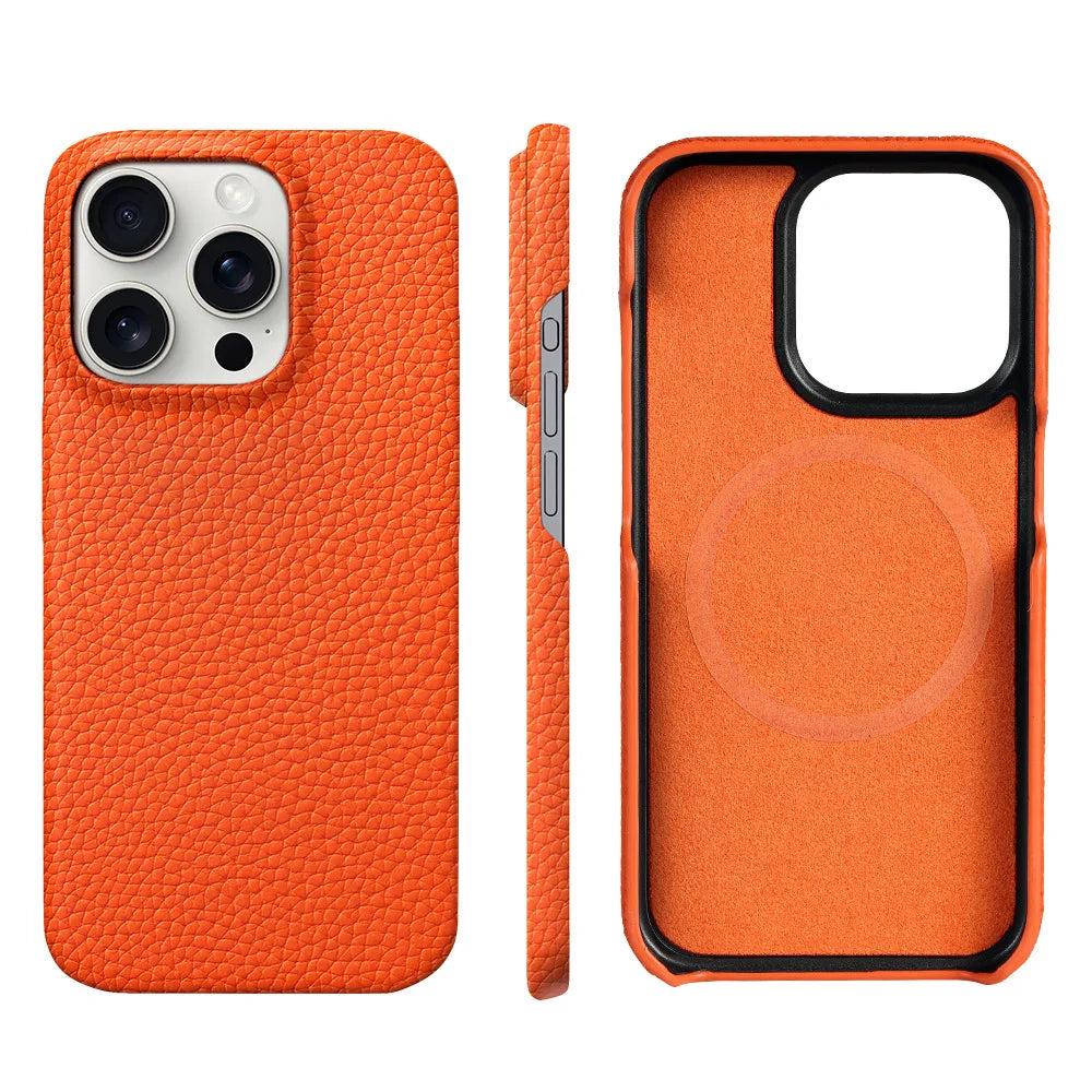 iPhone 16 Pro Max Genuine Leather Case | Slim Shock-Absorbing Cover Genuine Leather Orange Tidesmit