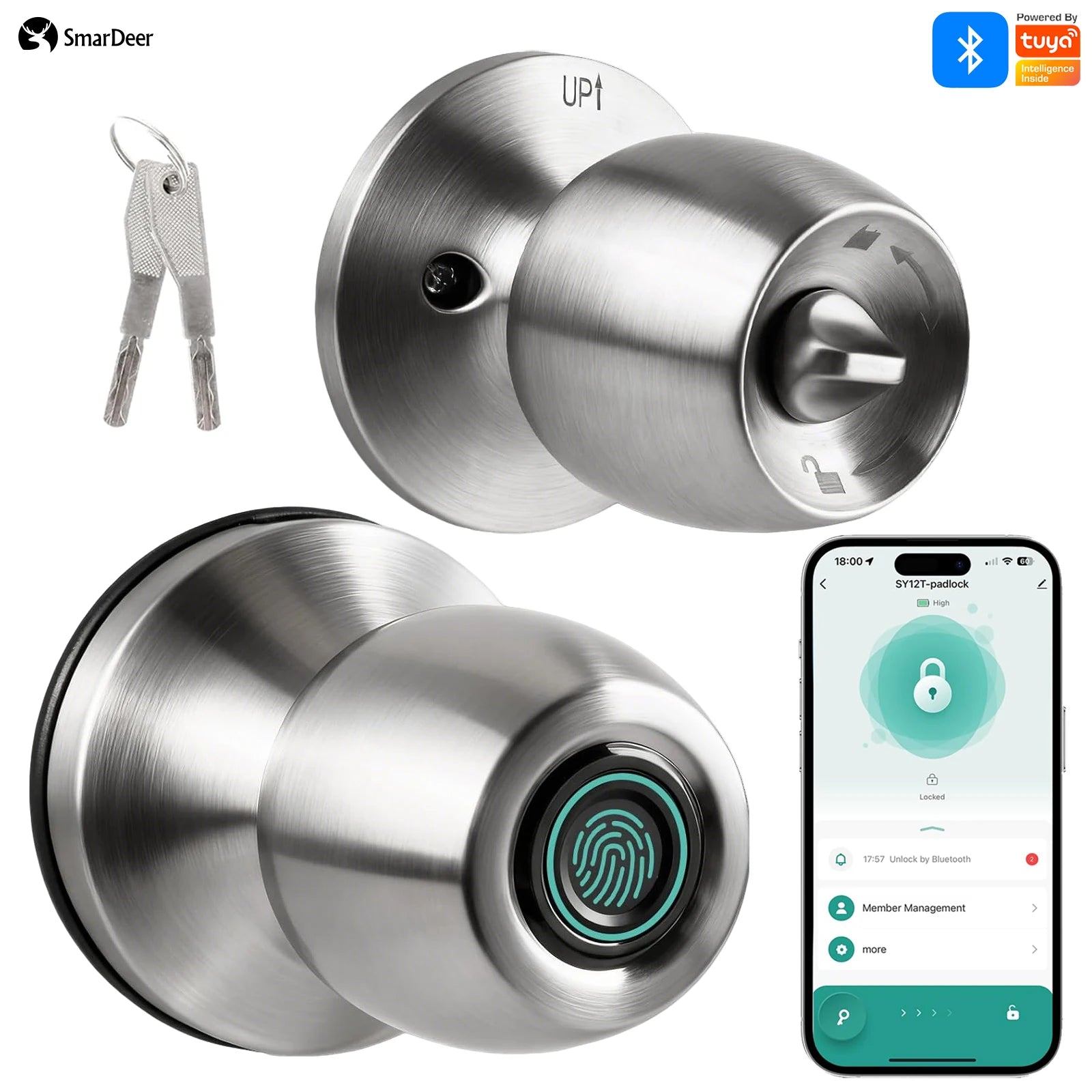 SmarDeer Fingerprint Lock for Tuya Smart Lock with Bluetooth Door Lock Keyless Entry with Fingerprint and Tuya App