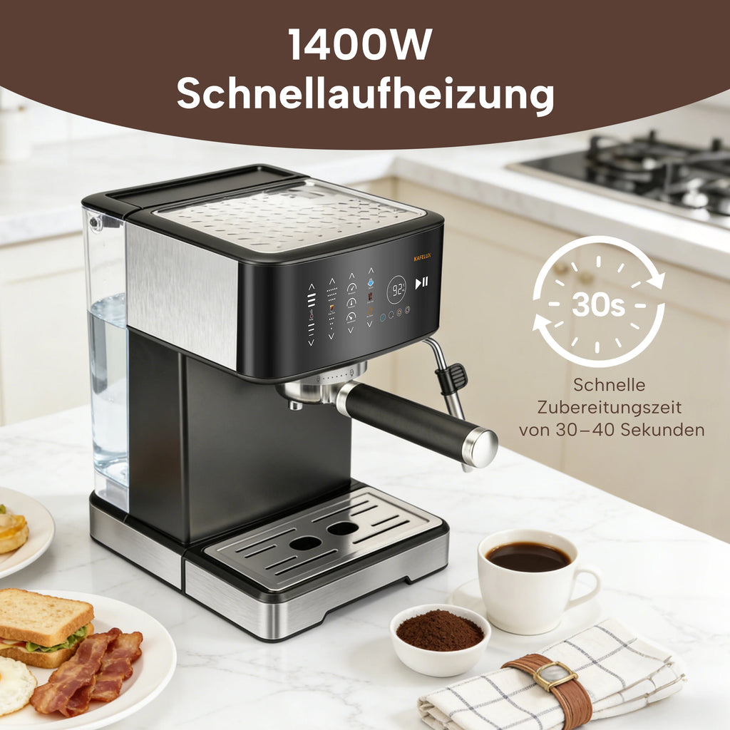 Kafelux 1400W espresso machine in black and stainless steel with touch display and fast heating on kitchen counter.