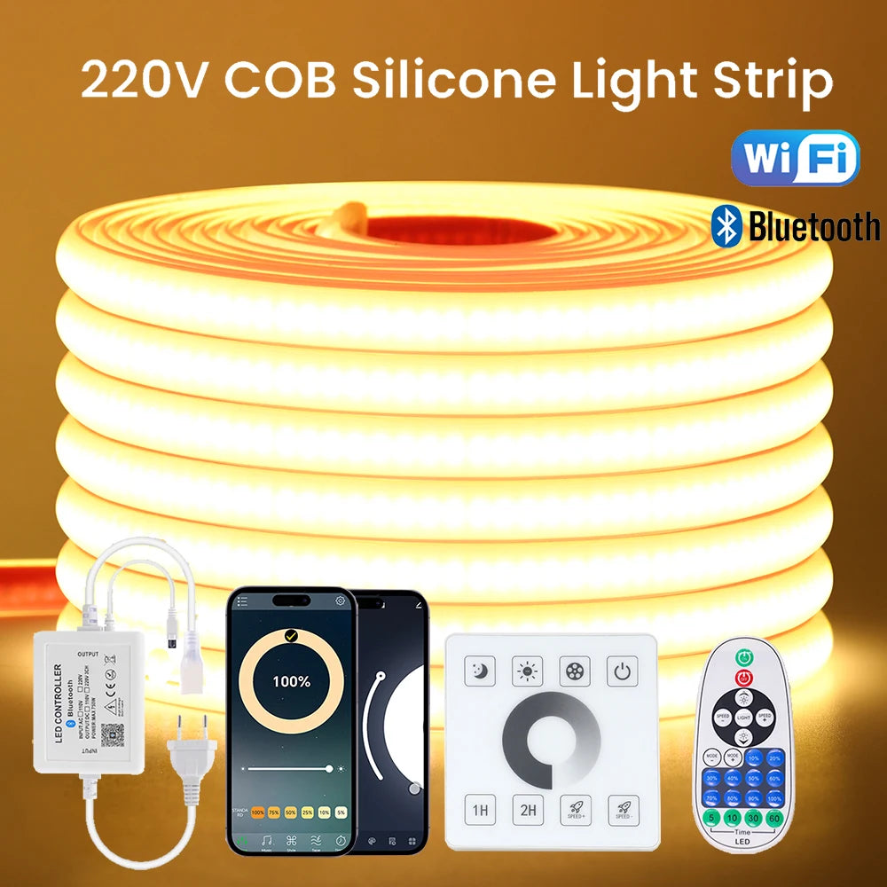 Dimmable 220V COB LED Strip Light WIFI Bluetooth Wall Touch 23key Remote Control Power Kit 288LED Flexible Tape Waterproof Lamp