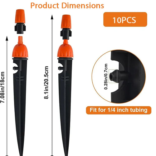 Drip spray stake emitter nozzle with orange sprayer head and black stake, dimension view