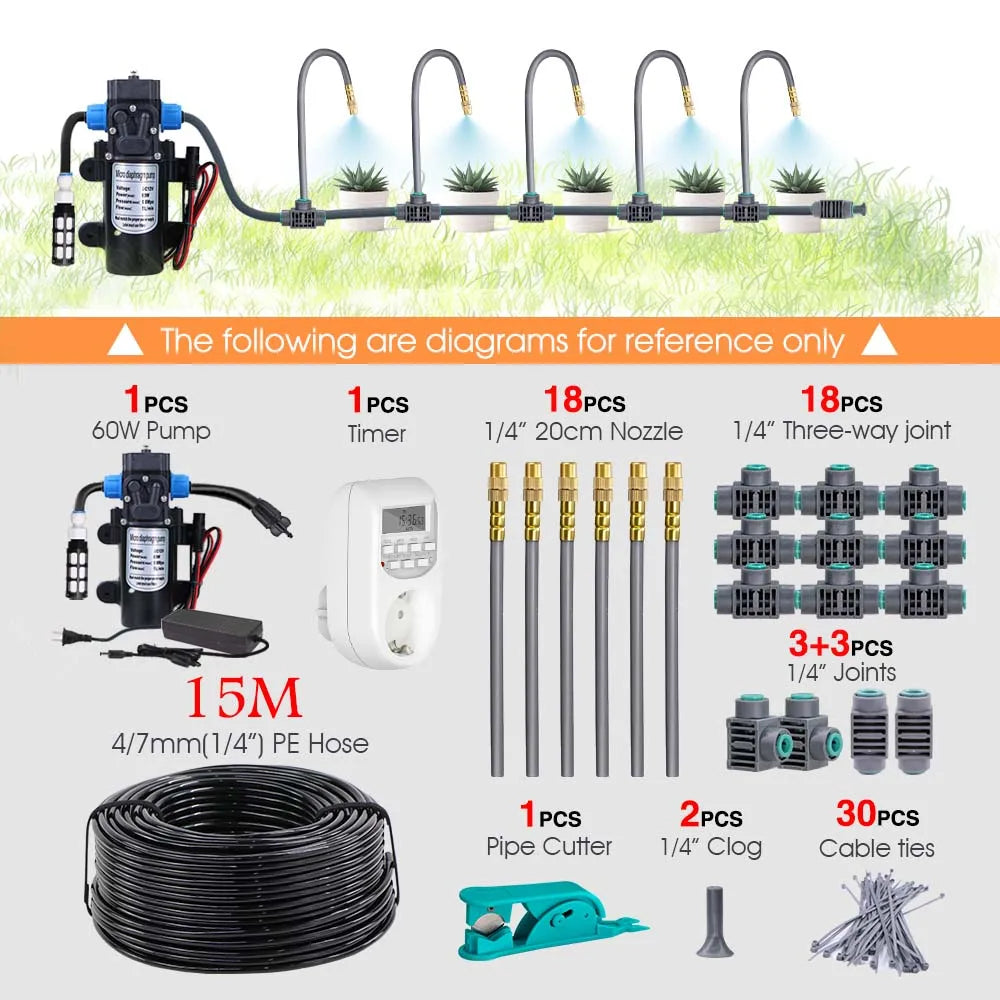 Irrigation kit diagram diagram with 5M hose, pump, timer, brass mist nozzles, joints.