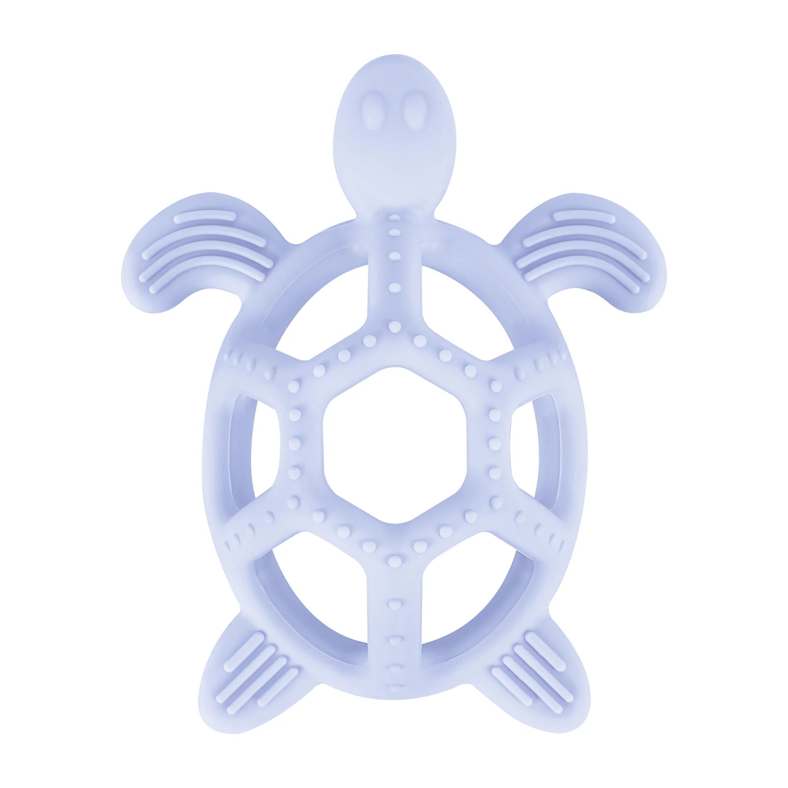 Light blue turtle silicone teething toy for baby pain relief.