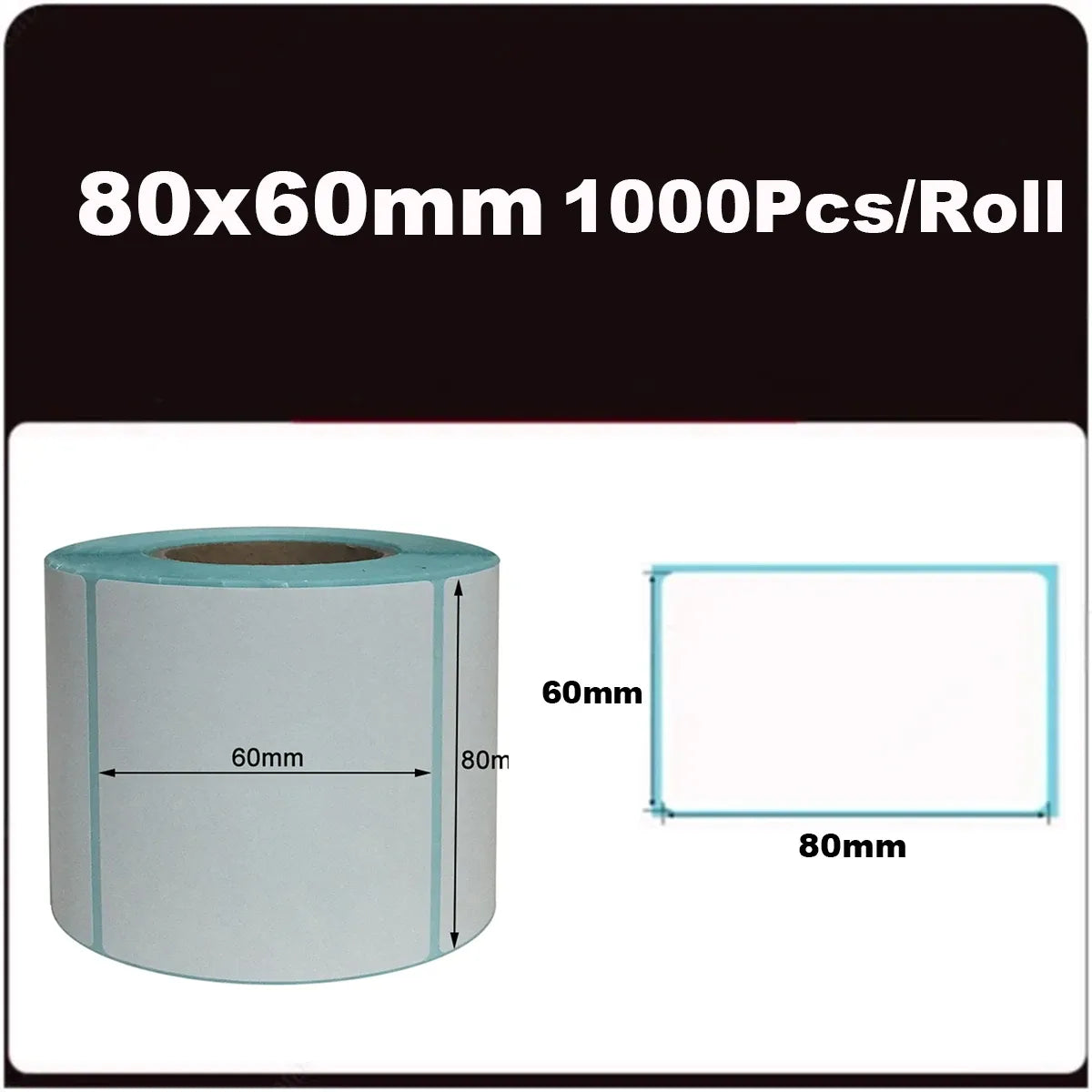 80x60mm blank white thermal labels roll, 1000 pcs per roll, large rectangular label layout